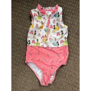Disney‎ Princess Swimsuit Size 3T One Piece Sleeveless Zip Up Pink White